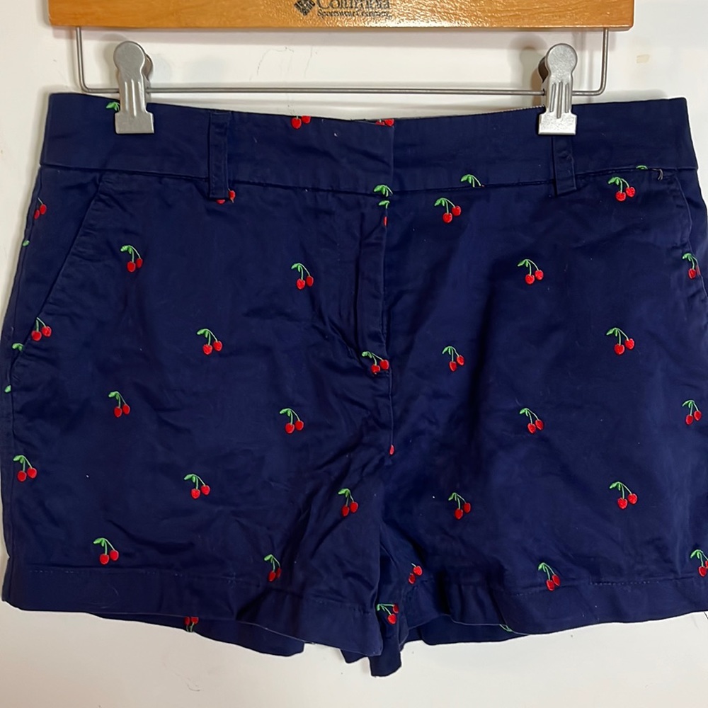 British Khaki Navy Chino Shorts Red Cherry Embroidery Preppy Coquette Size 8